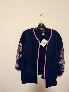 NWT Bob Mackie Navy Jacket with Purple Trim and Floral Sleeve Embroidery